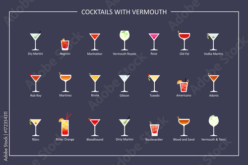 Cocktails with vermouth guide, flat icons on dark background. Horizontal orientation. Vector