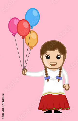 Cute Happy Cartoon Girl Holding Balloons
