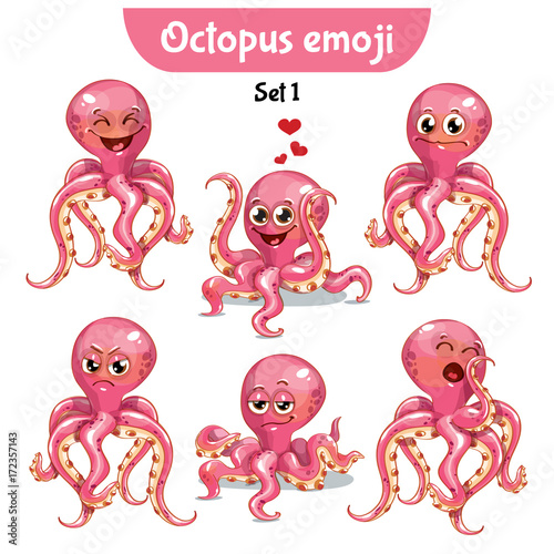 Vector set of cute octopus characters. Set 1