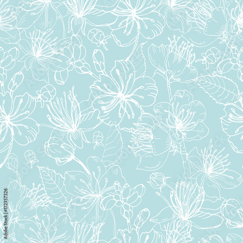 Elegant floral seamless pattern with tender blooming flowers of Japanese sakura tree hand drawn with white lines on blue background. Vector illustration for wallpaper  textile print  wrapping paper.