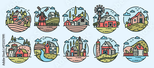 Collection of colorful logotypes with rural or countryside landscapes, farm buildings, windmills, hills and trees in modern line art style. Set of logos with country houses. Vector illustration.
