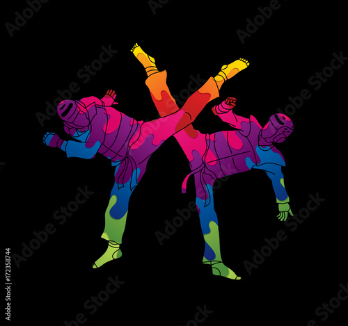 Taekwondo fighting designed using melting colors graphic vector.