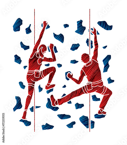 Man and woman climbing on the wall together, Hiking indoor designed using grunge brush graphic vector.