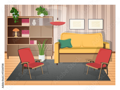 Interior of living room furnished with retro furniture and old-fashioned home decorations - cozy sofa, armchairs, shelving, house plants, lamp, carpet. Vector illustration in flat cartoon style.