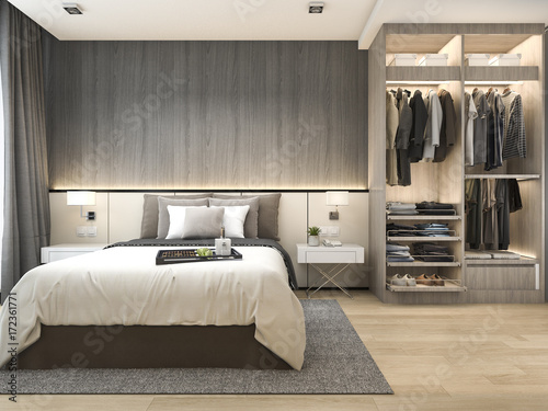 3d rendering luxury modern bedroom suite in hotel with wardrobe and walk in closet