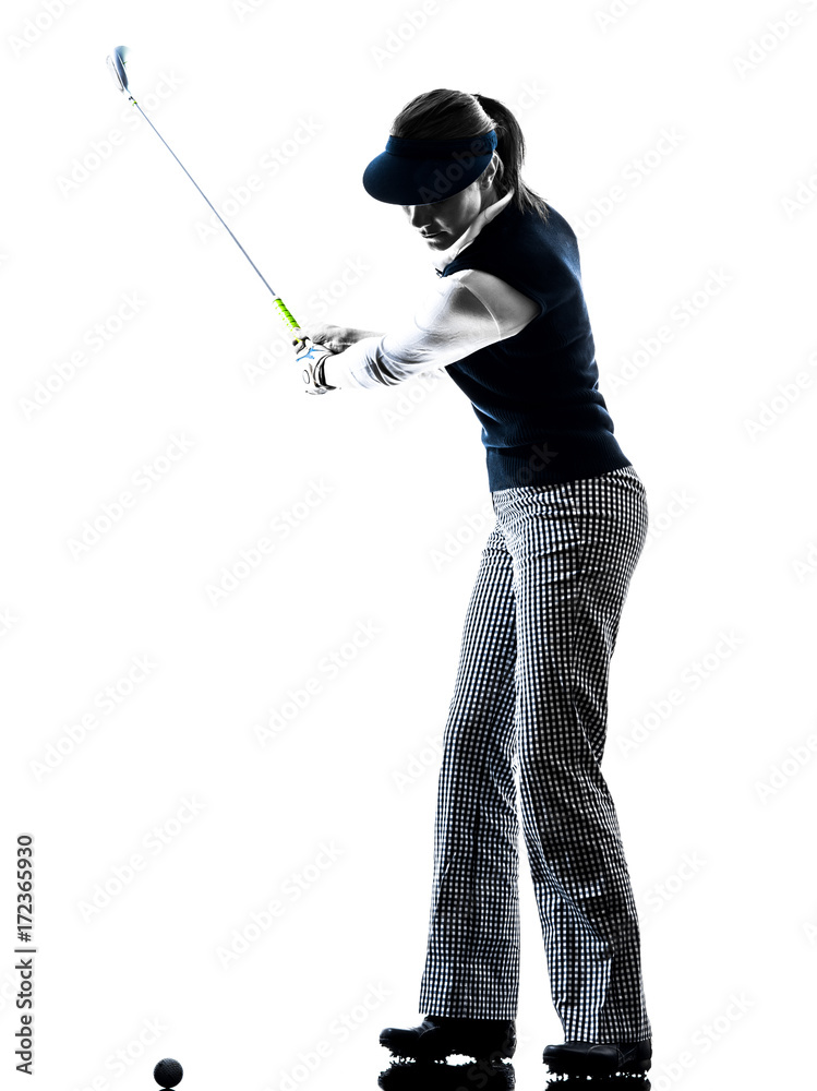 woman golfer golfing silhouette in white background woman golfer golfing silhouette in white background