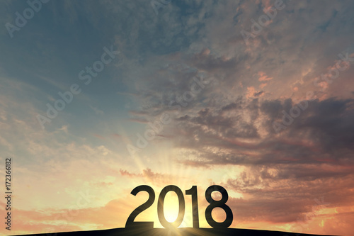 2018 new year silhouete against sunset sky. 3D Rendering