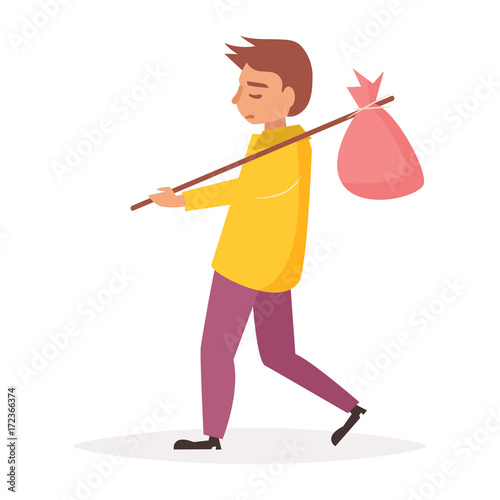 Homeless person with bag on stick