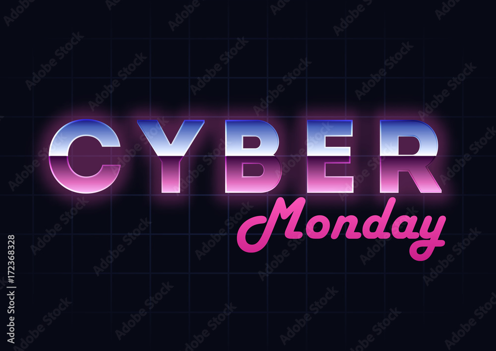 Cyber Monday sale hi-tech background, online shopping and marketing concept, technology vector illustration. Retro Chrome Text Effect. Retailing and discount theme. Flyer, poster template with letters