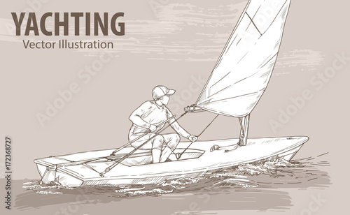 Hand sketch of women on sailing boat on the sea. Vector sport illustration. Graphic silhouette of yacht on background design. Active. Extreme. Traveling.