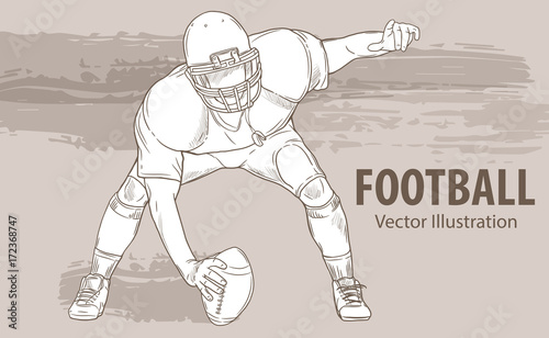 Hand sketch of American football player. Vector sport illustration. Graphic silhouette of the athlete with ball on background design. Active people. Recreation lifestyle.