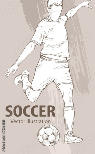 Hand sketch of soccer player with ball. Vector sport illustration. Graphic silhouette of the athlete on background design. Active people. Recreation lifestyle.