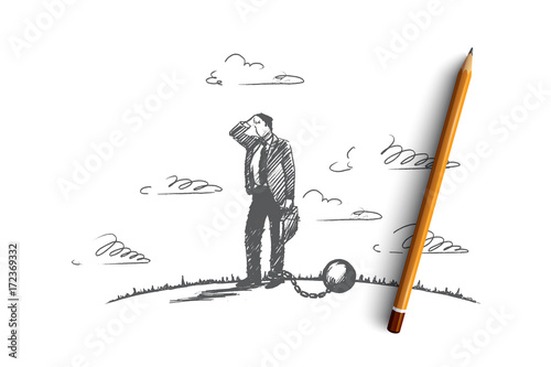 Debt concept. Hand drawn businessman chained to a large ball. Man in financial trouble isolated vector illustration.
