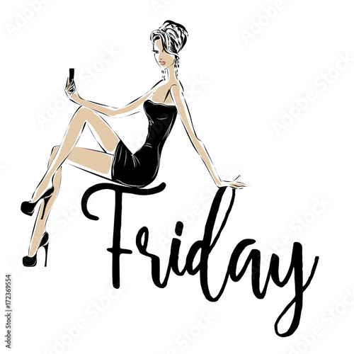 Black and white fashion woman model silhouette at friday party. Sketch style hand drawn vector illustration
