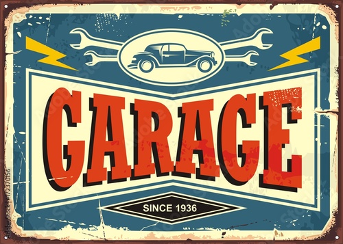 Vintage garage sign with car image and wrench tools