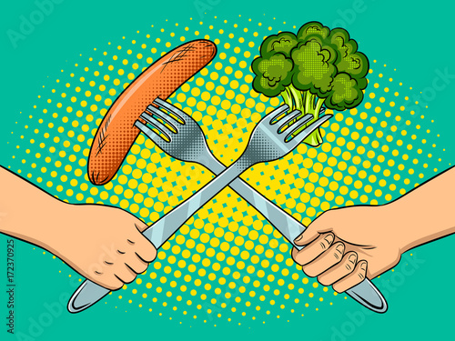 Fight on forks pop art vector illustration