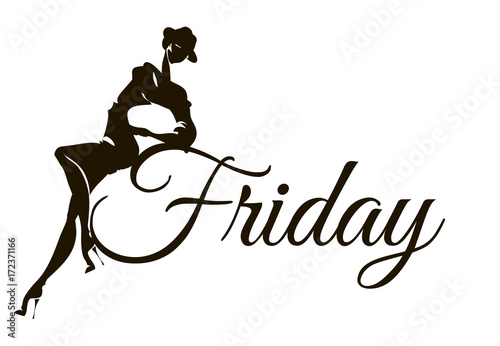 Black and white fashion woman model silhouette at friday party. Sketch style hand drawn vector illustration