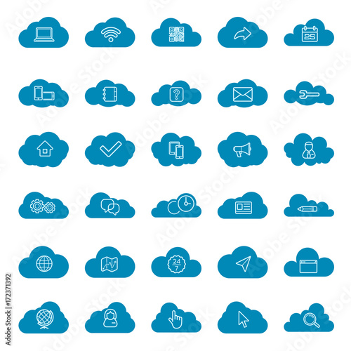 Cloud computing linear icons set. Download, upload, settings and preferences symbols. Lock, unlock and folder icons. Online data storage icons. Vector isolated outline drawings