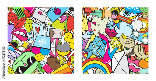 Naklejka Zestaw wzoru graffiti z miejskich ikon linii życia. Szalonego doodle abstrakcjonistyczny wektorowy tło. Modny kolaż w stylu liniowym z dziwacznymi elementami sztuki ulicznej.