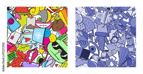 Set of Graffiti pattern with urban lifestyle line icons. Crazy doodle abstract vector background. Trendy linear style collage with bizarre street art elements.