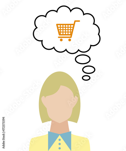 Frau überlegt - Einkaufswagen - Shop