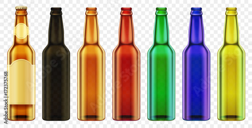 Vector Beer bottle color glass isolated. Packaging mockup with realistic bottles set.