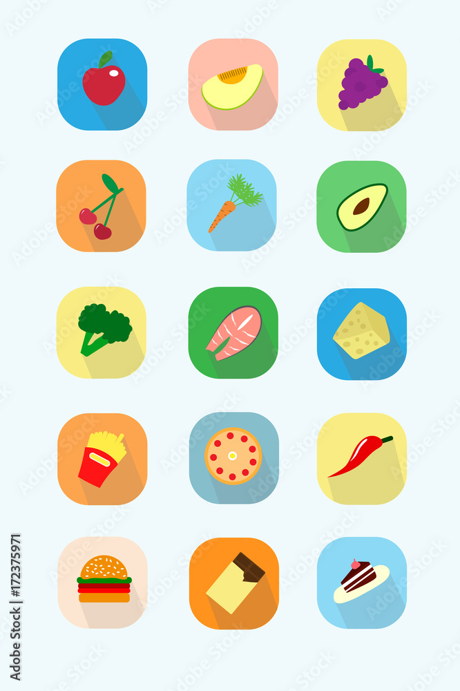A large set of icons of a rationed type of food in a flat style with a colorful background and shadow every single piece A large set of icons of a rationed type of food in a flat style with a colorful background and shadow every single piece
