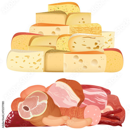 Piles of different realistic delicacy cheeses and appetizing meat isolated on white.