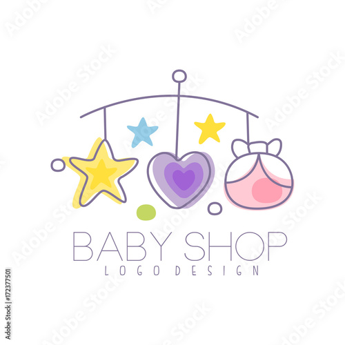 Baby care logo design, emblem with baby bed carousel, label for kids club, baby or toys shop and any other children projects colorful vector Illustration