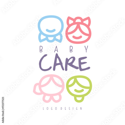 Baby care logo design, emblem with kid faces, label for kids club, baby or toys shop and any other children projects colorful hand drawn vector Illustration