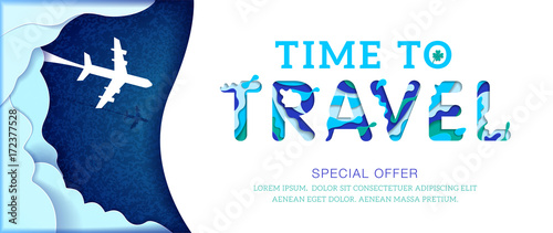 Time to travel banner with abstract paper cut cloud. Origami papercut style Special offer. Vector illustration.