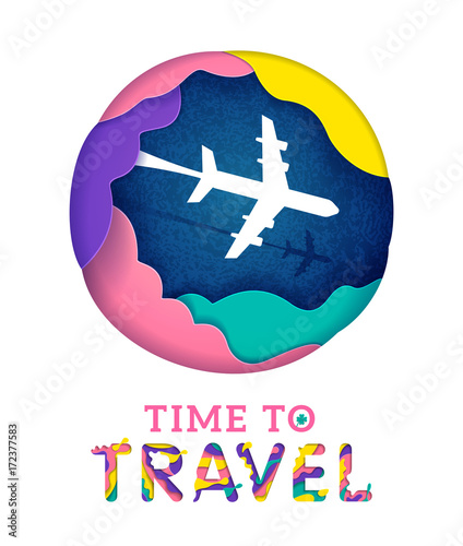 Colorful Time to travel banner with abstract paper cut cloud. Origami papercut style. Vector illustration.
