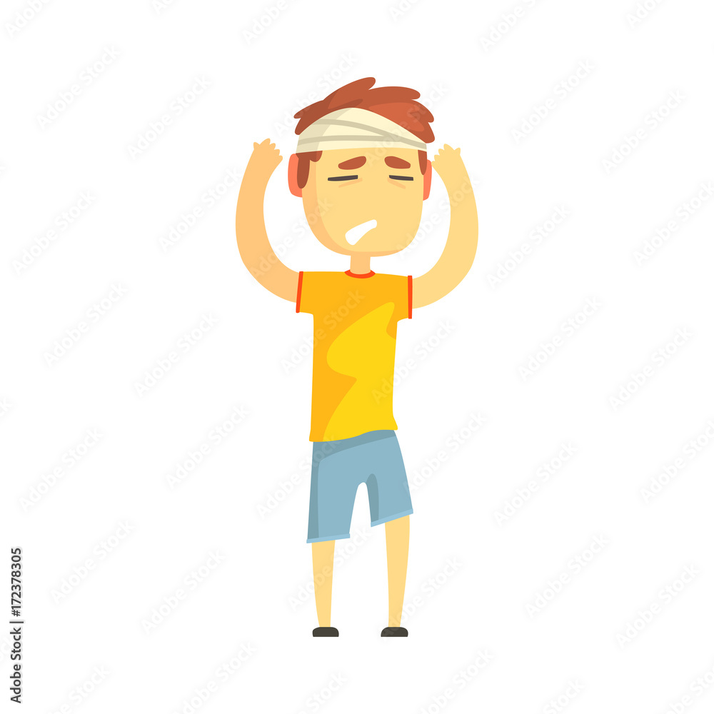 Boy with bandaged head suffering from painful headache cartoon character vector illustration