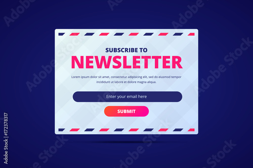 Subscribe to newsletter card with email input and submit button.