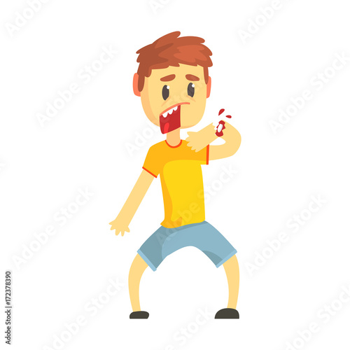 Frightened boy with broken hand with blood cartoon character vector illustration