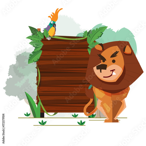 lion with jungle wood sign board - vector photo
