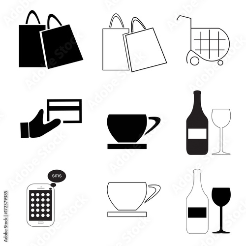 icons vector set with coffee - shopping cart - bags - drink glass - mobile phone - credit card