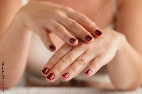 Beautiful Woman Hands. Spa Manicure concept. Soft skin, skincare