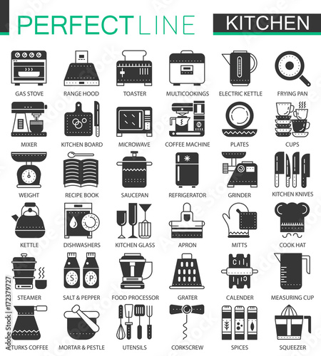 Cooking and kitchen classic black mini concept symbols. Vector cooking modern icon pictogram illustrations set.