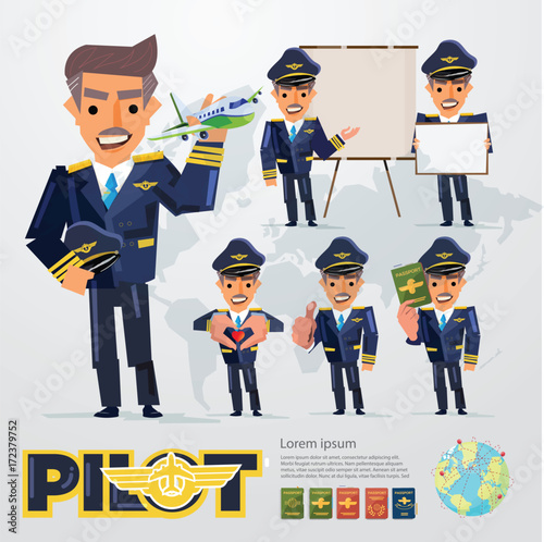 Airplane Pilot character in various action with graphic elements. typographic design - vector illustration