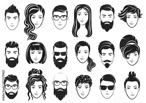 Vector illustration of men with stylish beards and women with beautiful hair. Male and female hairsyles set.