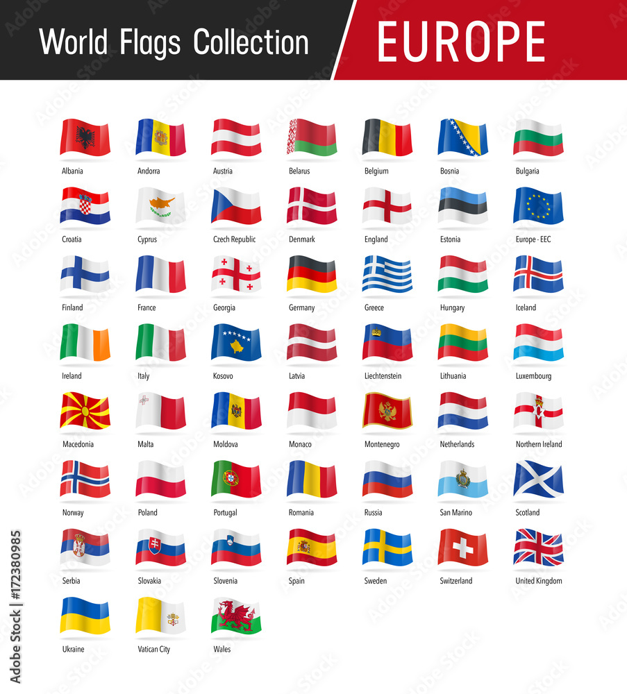 Flags of Europe, waving in the wind - World flags collection - obrazy, fototapety, plakaty 