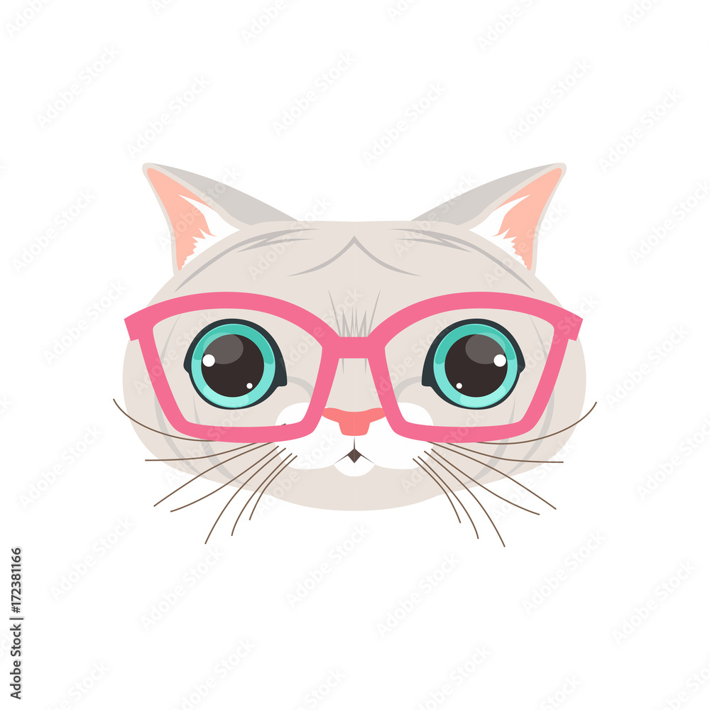 Cute white cat wearing pink glasses, funny cartoon animal character vector  illustration Stock Vector | Adobe Stock