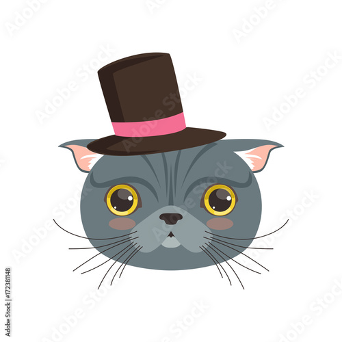 Cute british cat wearing black top hat  funny cartoon animal character vector illustration