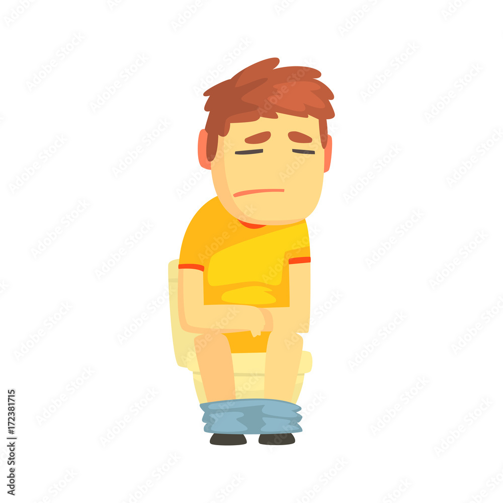 Unhappy boy sitting on toilet suffering of diarrhea and abdominal pain cartoon character vector illustratio