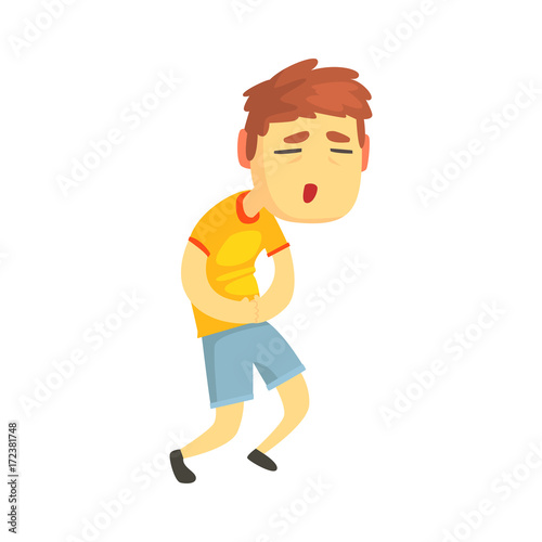 Unhappy boy suffering from stomach ache cartoon character vector illustration