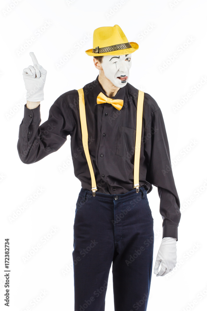 Portrait of a man, artist, clown, MIME. shows something. isolated on white background Portrait of a man, artist, clown, MIME. shows something. isolated on white background