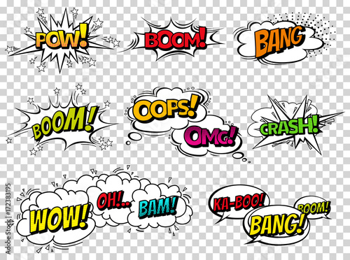 Comic book sound effect speech bubbles, expressions. Collection vector bubble icon speech phrase, cartoon exclusive font label tag expression, sounds illustration background. Comics book balloon