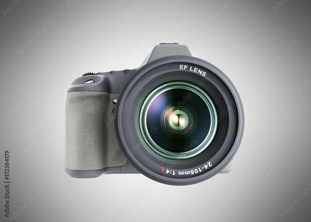 photo camera 3d render on grey background