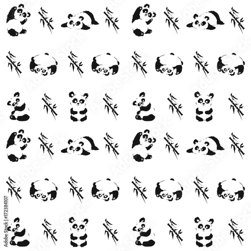 Fototapeta Naklejka Na Ścianę i Meble -  Seamless pattern with playing pandas and bamboo. Hand draw vector illustration